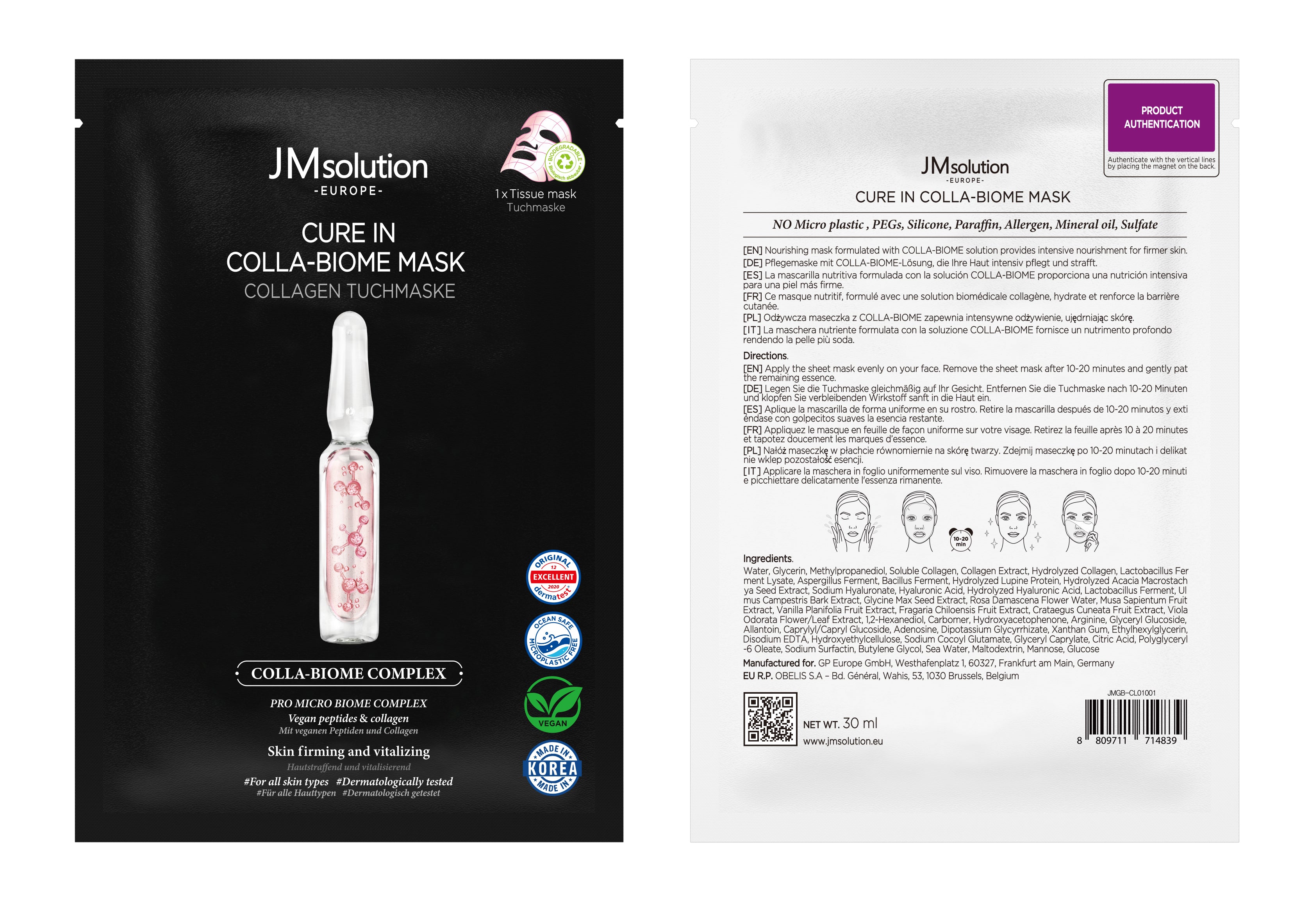 JMSOLUTION Europe MASQUE CURE IN COLLA-BIOME 10 UNITÉS
